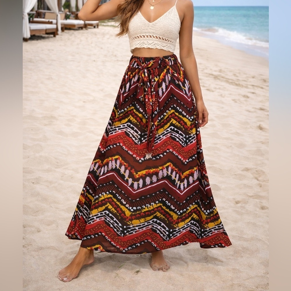Chances R Boho Tribal Maxi Skirt Size L Tie Waist Elastic Resort Festival